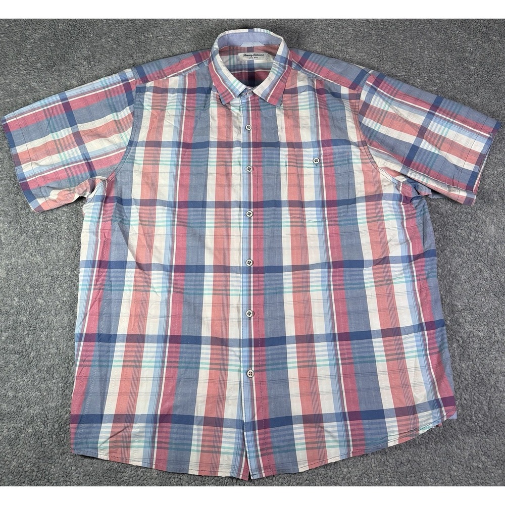 Tommy Bahama Shirt Mens XL Blue Pink Plaid Nova Wave Short‎ Sleeve Stretch Beach